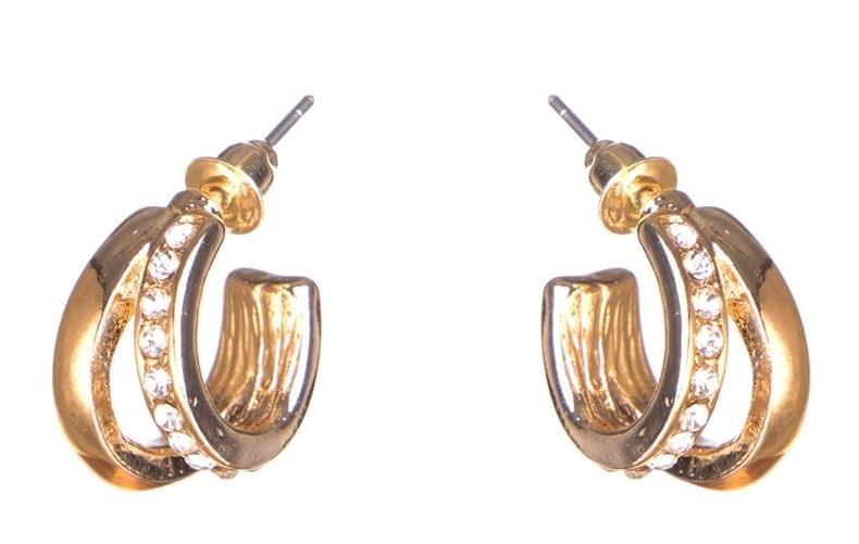 Dazzling Earring gold col, creols two lines, one line w crys