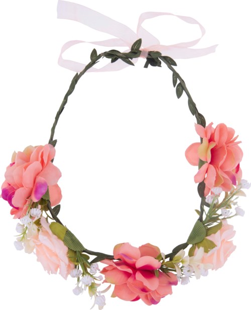 En blomsterkrans med pink og ferskenfarvede blomster, grønne blade, og en hvid bånd foroven.