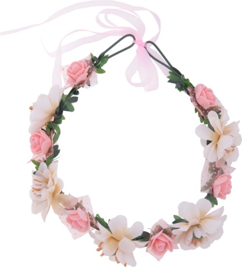 En blomsterhårband med rosa och vita blommor och gröna blad, knuten med ett rosa band.