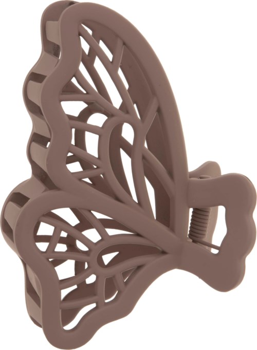 Een vlindervormige haarspeld met een gedetailleerd open ontwerp van bruin plastic.