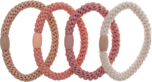 Fire strikkede hårbånd i beige, pink, lilla og hvid med træender.