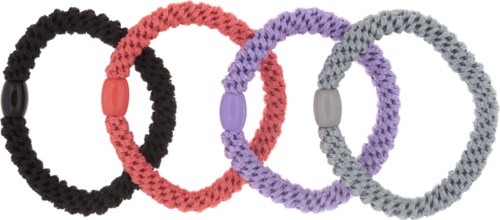 Fire farverige flettede hårbånd med plasticclips, i sort, pink, lilla og grå, i række.