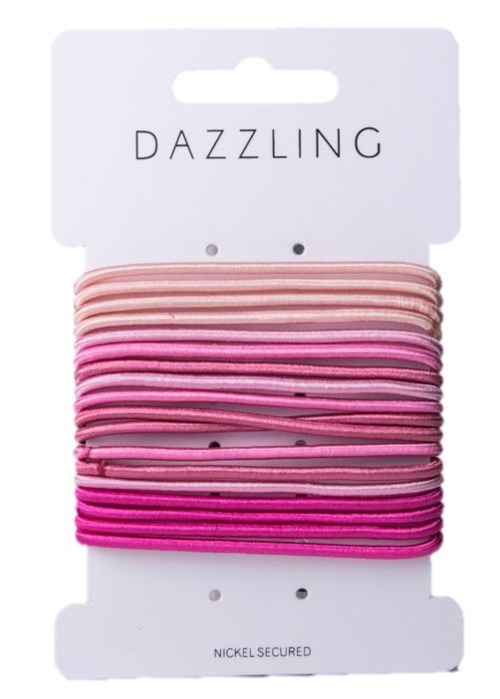 Een pakket roze en beige haarbandjes genaamd DAZZLING, beveiligd met een nikkelklem.