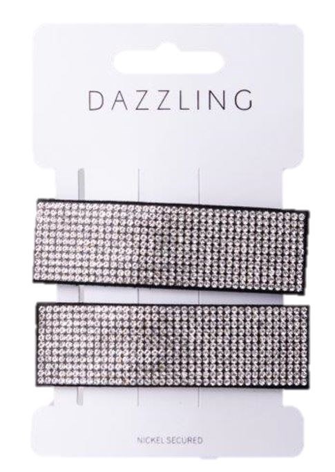 Två glittriga hårklämmor på ett vitt kort märkt 'Dazzling'.