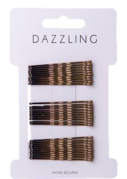Drei Sets Haarnadeln mit schwarz-beigem Streifenmuster, auf einer weißen Pappkarton mit 'Dazzling' und 'Nickel Secured' Beschriftung.