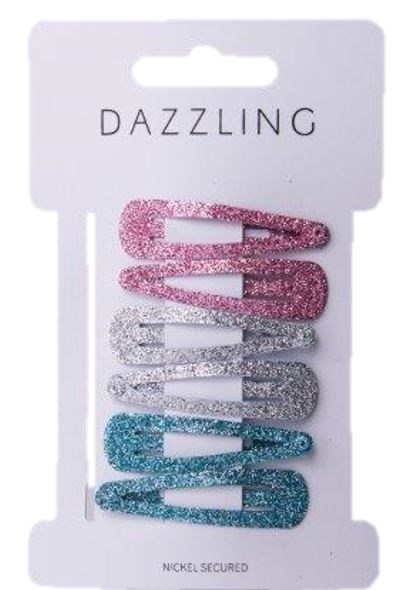 Sex glitterklämmor i rosa, silver och blå, på ett vitt kort. Märket är Dazzling.