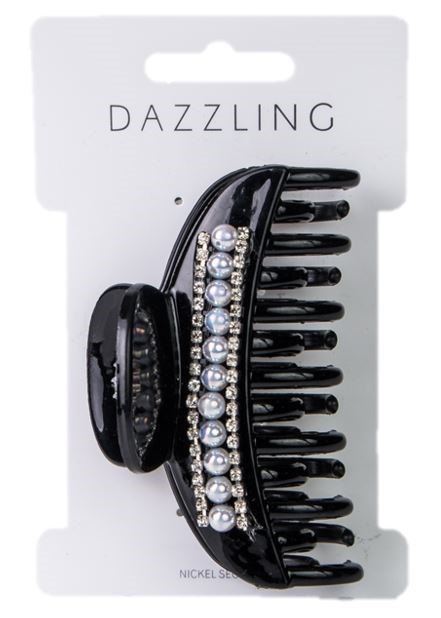 En sort hårspænde med perler og rhinestones på en hvid baggrund med teksten 'DAZZLING'.