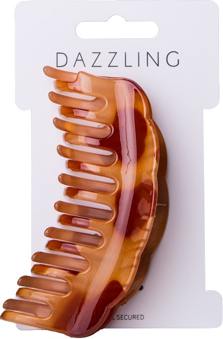 En stor brun-orange hårklämma i förpackning märkt "Dazzling."