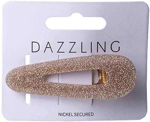 Błyszcząca złota wsuwka do włosów na białej karcie z napisem 'Dazzling' i 'Nickel Secured.'