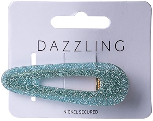 En glittrig blå hårkrok på ett vitt kort med varumärket Dazzling.