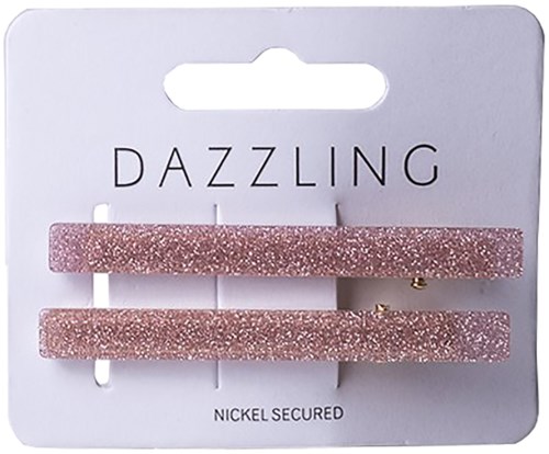 Rosaglittrade hårklämmor på ett vitt kort med etiketten Dazzling, nickel säkrad.