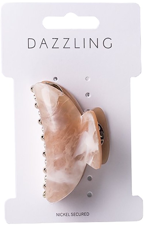 En hårklämma med en glänsande, naturlig skaldesign på ett vitt kort som heter 'Dazzling'.