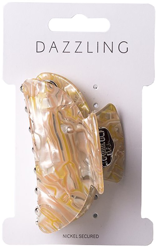 Ett pärlvit, marmorerat hårklämmor på ett vitt kort med texten 'Dazzling'.
