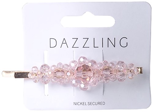 Haarspange mit rosa Perlen auf einem weißen Karton mit der Aufschrift "Dazzling" und "Nickel Secured."