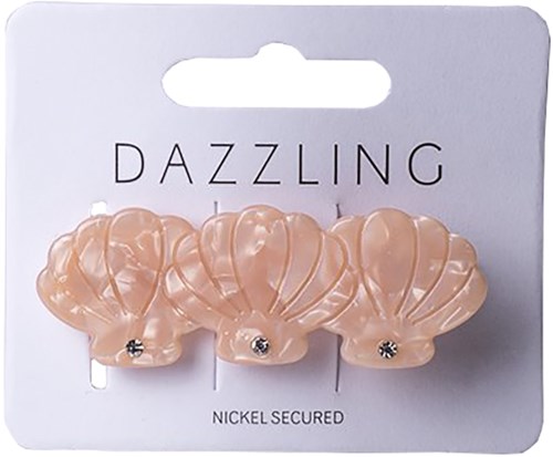Tre hårspännen formade som skaldjur i persikofärgat med små rhinestones, på vit kortmärkning som heter 'Dazzling' och 'Nickel Secured.'