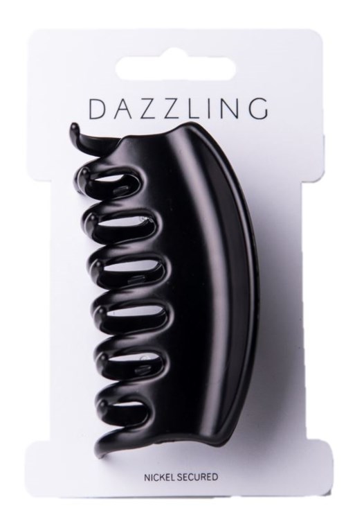 En svart hårklämma med en unik spiral design, märkt 'Dazzling' och 'Nickel Secured'.