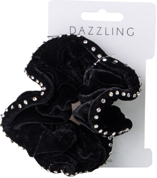 Zwarte fluwelen haar elastiek met kleine heldere rhinestones. Komt op een wit kaartje gemerkt Dazzling.