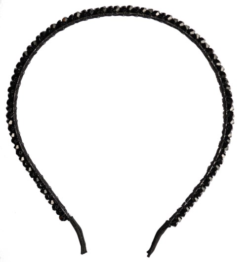 A black headband decorated with shiny stones or beads, shaped in a semi-circle. No other objects or background visible.