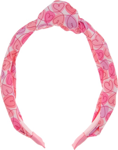 En pink hårbånd med hjerteprint, bundet i en knude forneden, til piger eller kvinder.