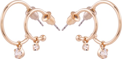 Gold hoops earrings with small dangling clear stones, shiny and elegant design.