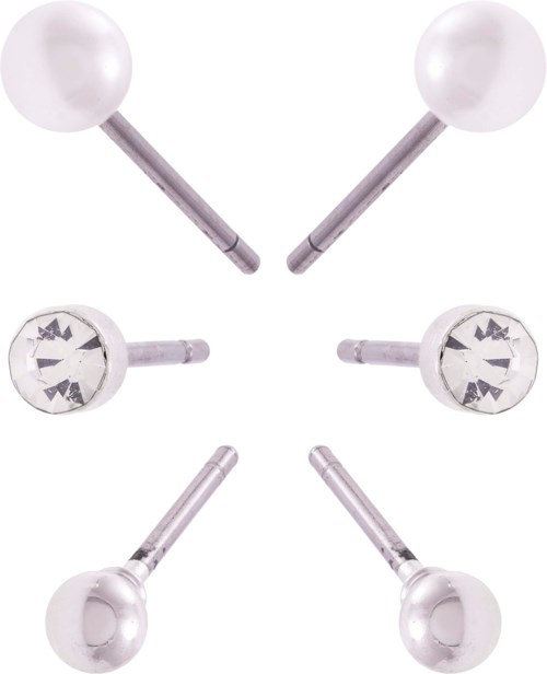 Sex örhängen med pärlor och tydliga stenar, arrangerade i ett mönster, några med metallstift, några med rhinestones.