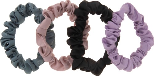 Vier bunte Haargummis in Grau, Rosa, Schwarz und Lila sind in einer Reihe.