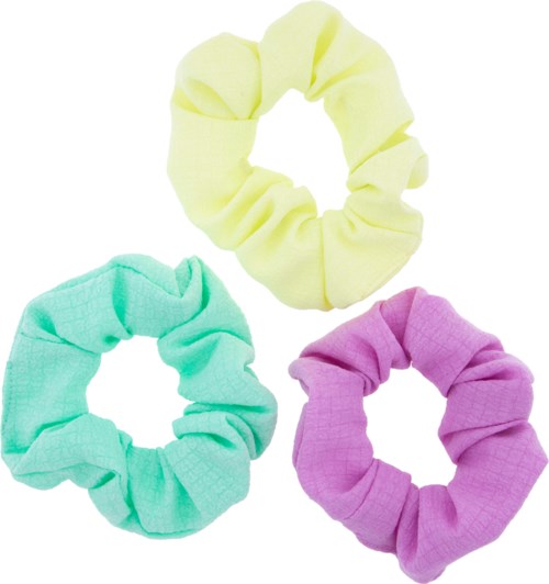 Three pastel-colored fabric scrunchies in yellow, green, and purple. They are soft and stretchy, used for tying hair.