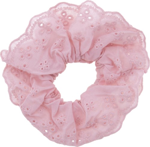 A pink fabric hair scrunchie with embroidered flowers and eyelet details, used to hold hair in a ponytail.