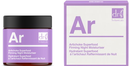En burk och ett paket av Artichoke Superfood Firming Night Moisturiser, båda med lila etiketter och branding.