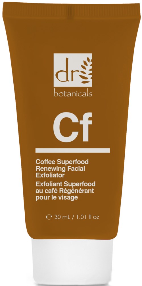 En brun tub märkt 'dr botanicals Cf Coffee Superfood Renewing Facial Exfoliator,' 30 mL, används för hudexfoliering.