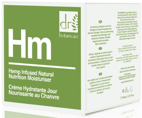 Green packaging with white text, 'Hm' and product info about hemp moisturizer, includes instructions and warnings.