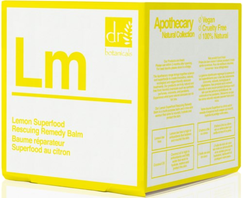 En gul och vit förpackning märkt Lemon Superfood Rescuing Remedy Balm av Dr. Botanicals, med produktdetaljer och hållbarhetsnoteringar.