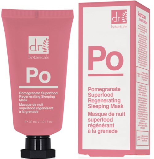 En rosa tub och förpackning för en sömnpanel med granatäpple och regenerering, märkt med produktdetaljer.