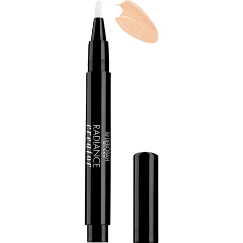 En svart makeup-penna med beige färgprov och locket avlägsnat, visar spetsen för applicering.