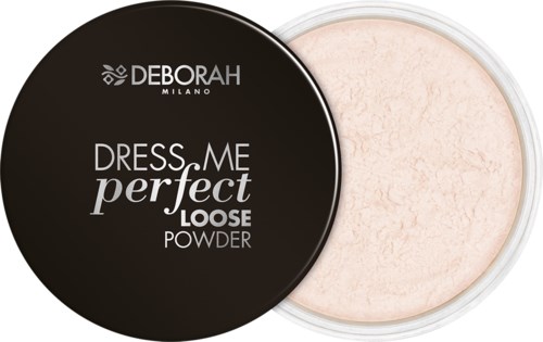 Ett löspuder i en rund behållare med svart lock, märkt 'Deborah Milano' och 'Dress Me Perfect Loose Powder.'