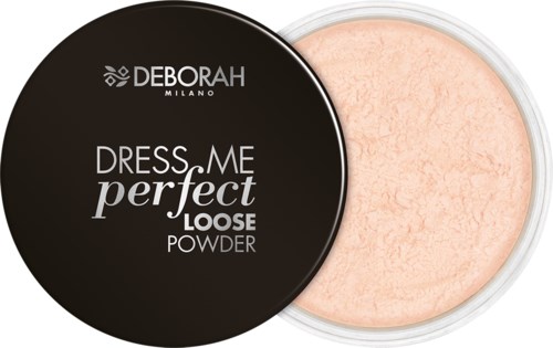 En rund behållare med löst ljus rosa puder, svart lock med vitt text, varumärket Deborah Milano och produktuppgifter.