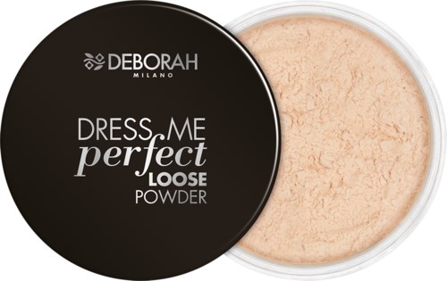Öppen kompakt puderbehållare med svart lock och beige puder inuti.