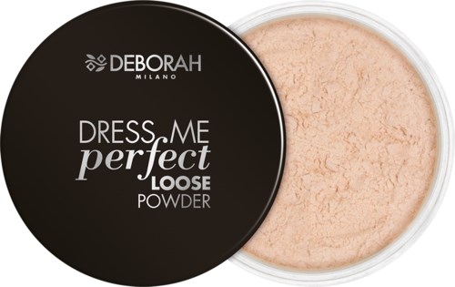 En rund behållare innehåller lös ansiktspuder i ljus rosa färg med svart lock som visar märke och produktnamn.