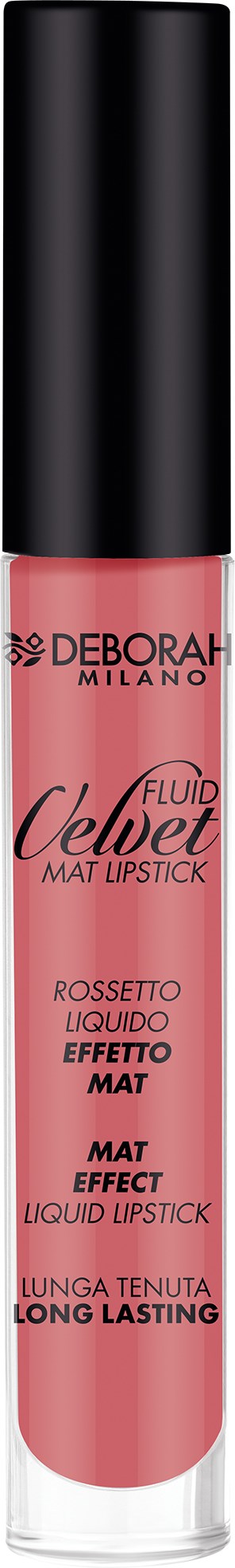 En läppglansrör med rosa färg, svart lock och märket Deborah Milano. Texten beskriver det som matt och långvarigt.