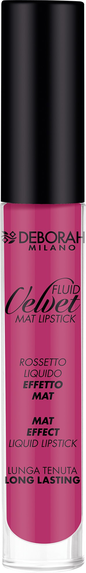 En rosa Deborah Milano läppglansrör med svart lock, märkt med produktdetaljer och effekter.