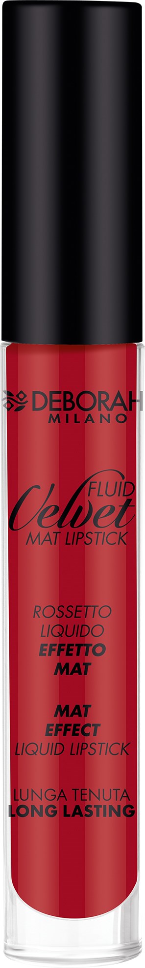 Röd flytande läppstift i genomskinlig tube med svart kork, märkesetikett och produktbeskrivande text.