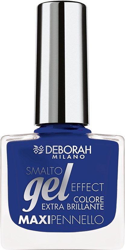 Blå nagellack på flaska med silverlock, märkt Deborah Milano gel effect, extra ljus färg.