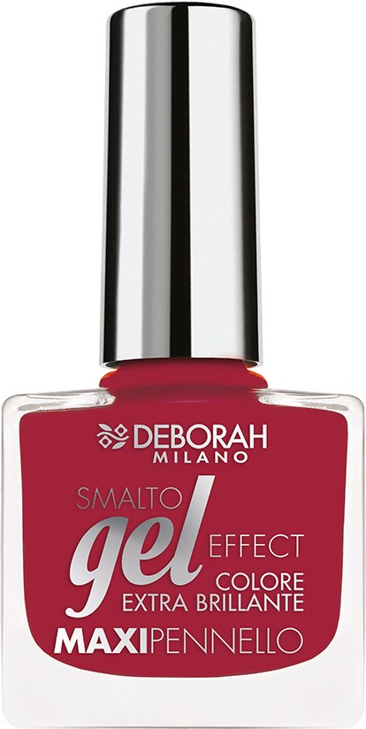 En nagellackflaska med röd gel-effekt, silverlock, och märkesnamn 'Deborah Milano' på svart bakgrund.