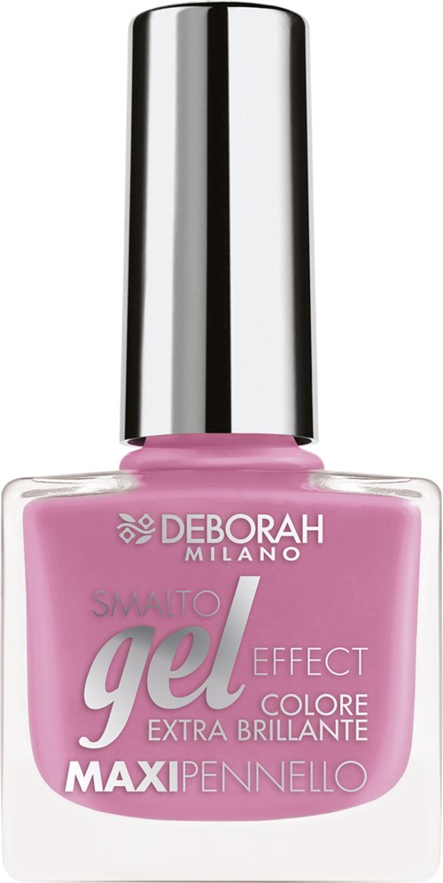 Rosa nagellack i en klar flaska med silverkork, märkt Deborah Milano Gel Effect.