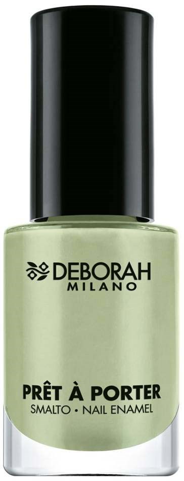 En Deborah Milano nagellackflaska med ljusgrön lack och svart kork.
