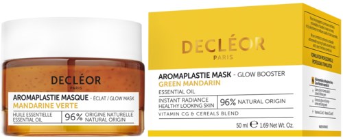 En krukke og eske med Decleor Green Mandarine ansiktsmaske, med oransje innhold og gul emballasje.