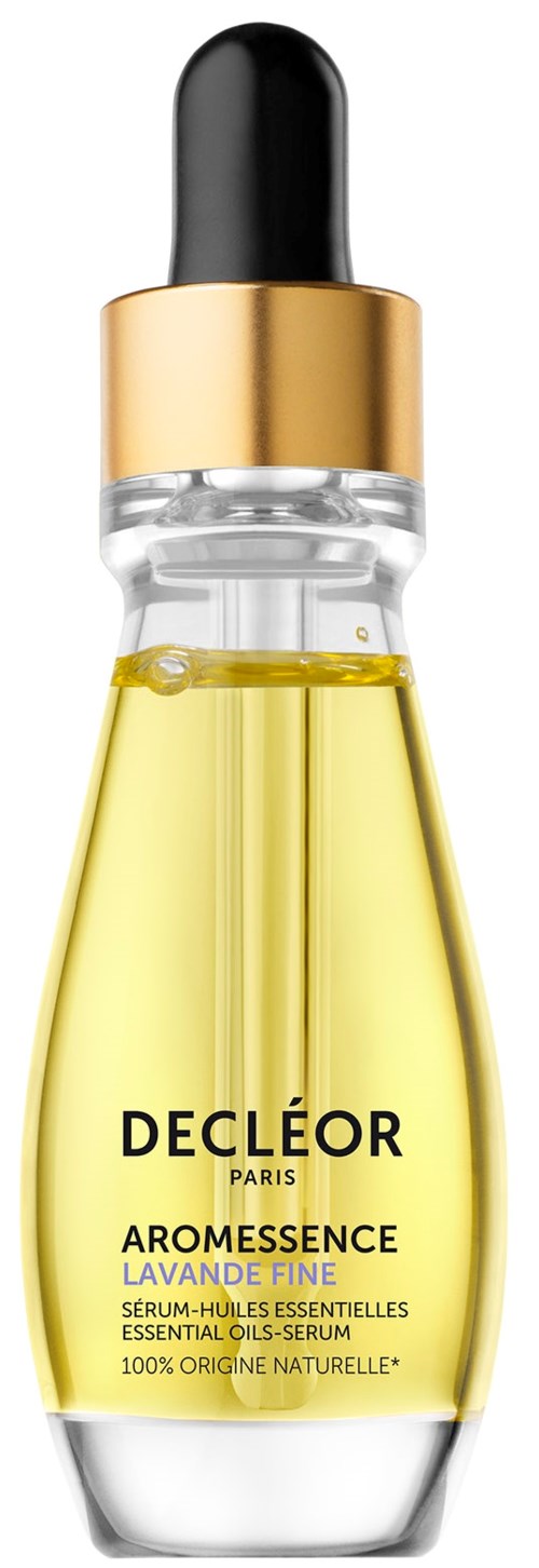 En dråbeflaske med gul væske, guld og sort top, mærket 'Decléor Aromessence Lavande Fine' æterisk olieserum.