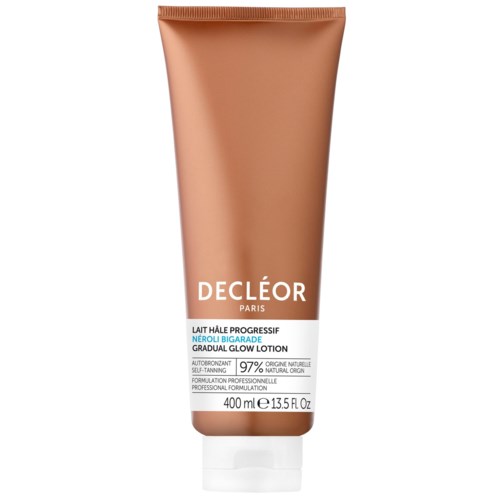 A brown tube of gradual glow lotion from Decléor Paris with details about ingredients and size.