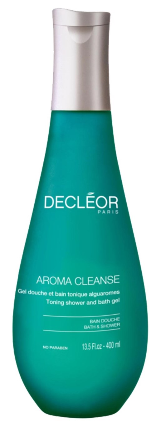 En turkosfärgad flaskan för bad- och duschgel med silverlock, märkt Decleor Aroma Cleanse för toning och rengöring.