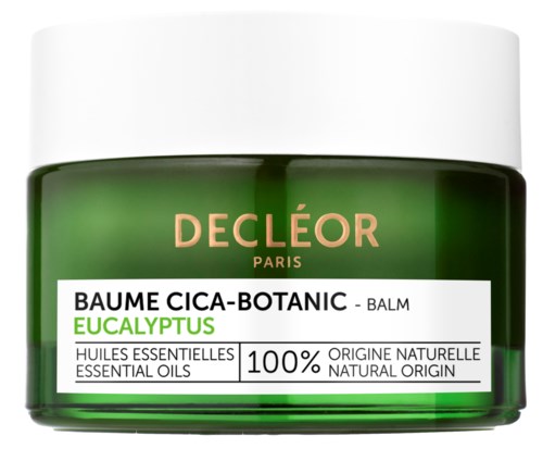 Grön burk med Decleor-balm med eukalyptus, naturliga oljor och fransk branding.